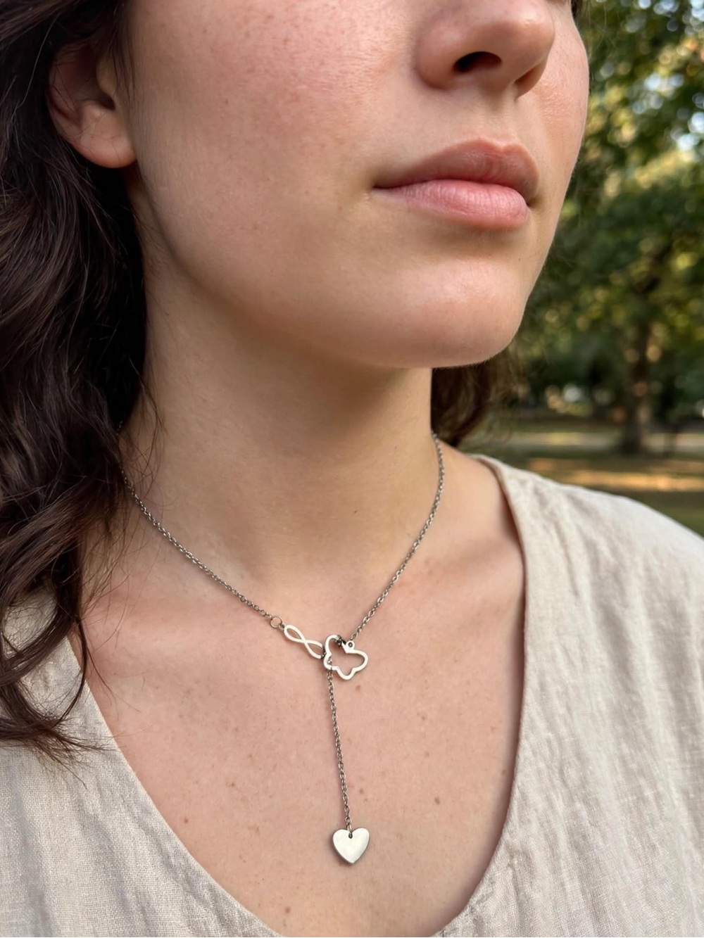 Sterling Silver Heart & Clover Lariat Necklace - Silver